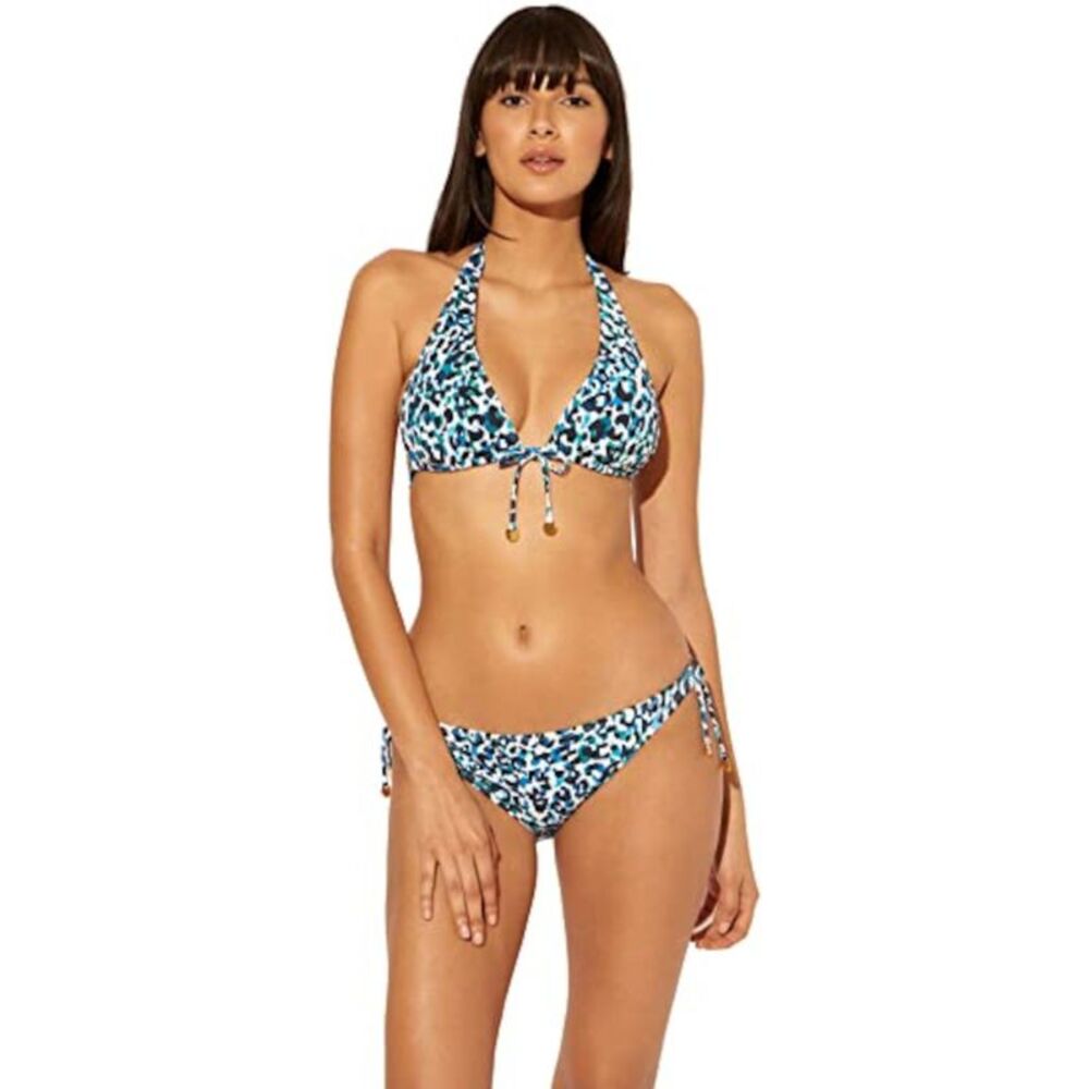 BLEU Women's Navy Stretch Halter Tie Deep V Neck Triangle Swimsuit Top 12